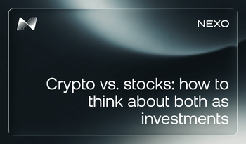 dark navy/charcoal background with a soft silver light sweep in the upper area, Nexo icon top-left, "NEXO" wordmark top-right, frosted glass border. White sans-serif text centered in the lower half reads: "Crypto vs. stocks: how to think about both as investments."