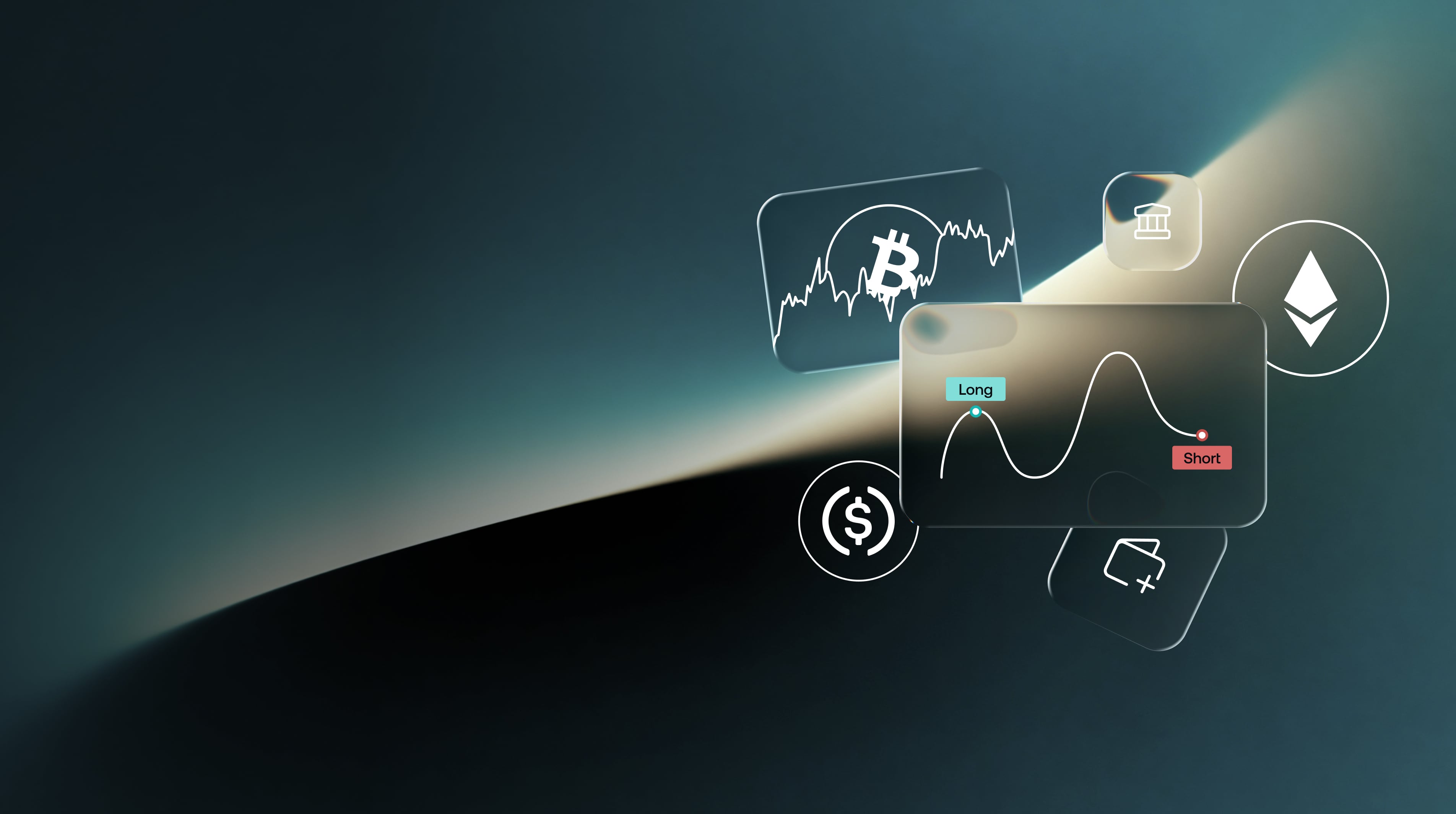 Illustrated crypto education modules including Bitcoin charts, trading positions, and DeFi icons