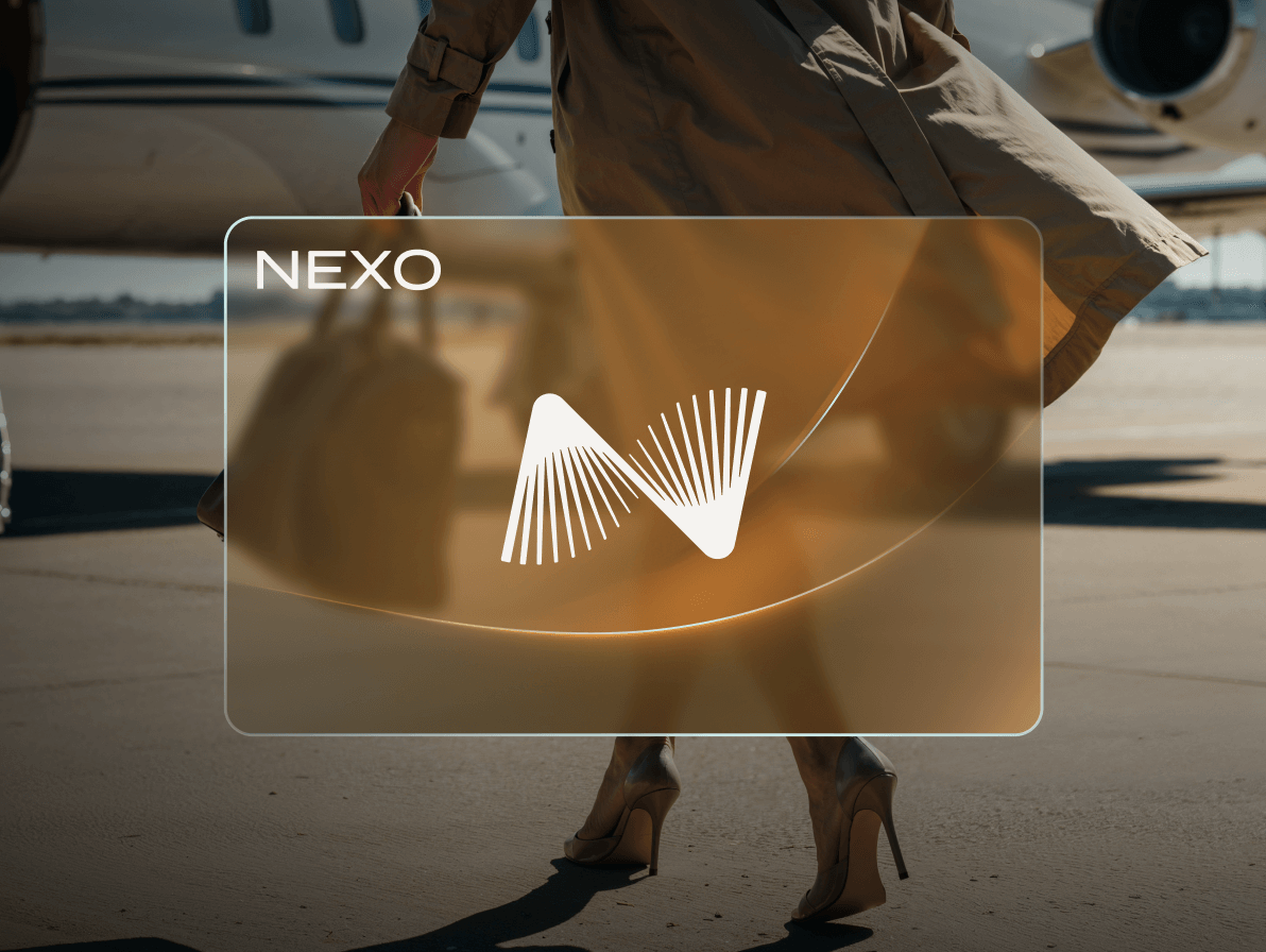 woman walking to airplane with her handbag in hand, overlayed by a Nexo Card
