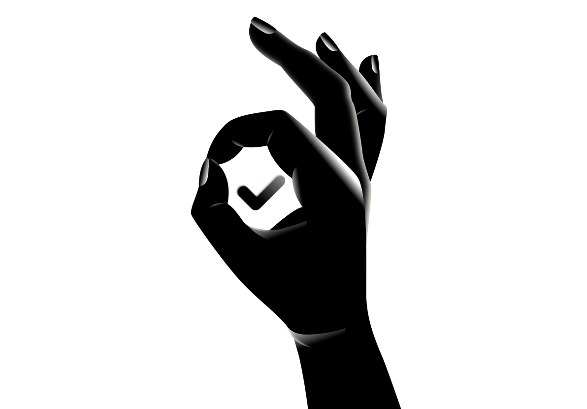 Stylized hand forming an OK gesture with smooth black and white lighting on a dark background.