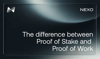A dark, moody editorial graphic featuring a deep navy/charcoal background with a soft silver light sweep across the upper portion. The Nexo logo and wordmark appear in the top corners (icon top-left, "NEXO" top-right). Centered in the lower half, large white sans-serif text reads: "The difference between Proof of Stake and Proof of Work." The overall aesthetic is minimal and premium, with a frosted glass border framing the card.