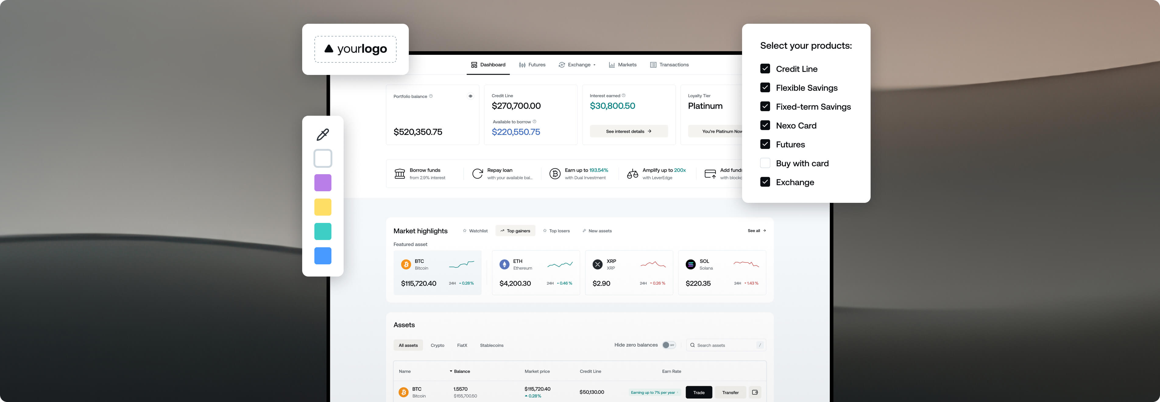 screen showcasing a customized Nexo White Label dashboard