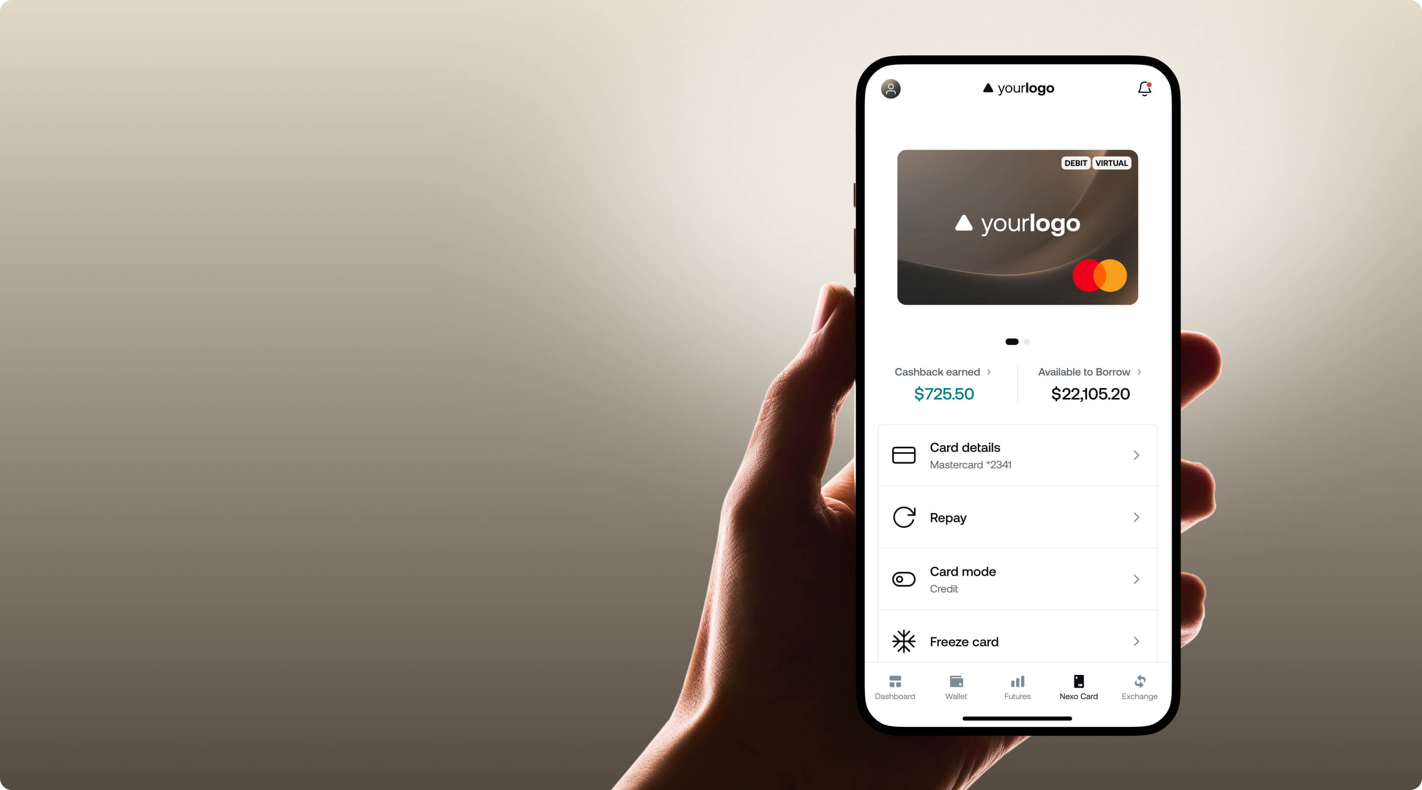 hand holding phone displaying the Nexo Card dashboard