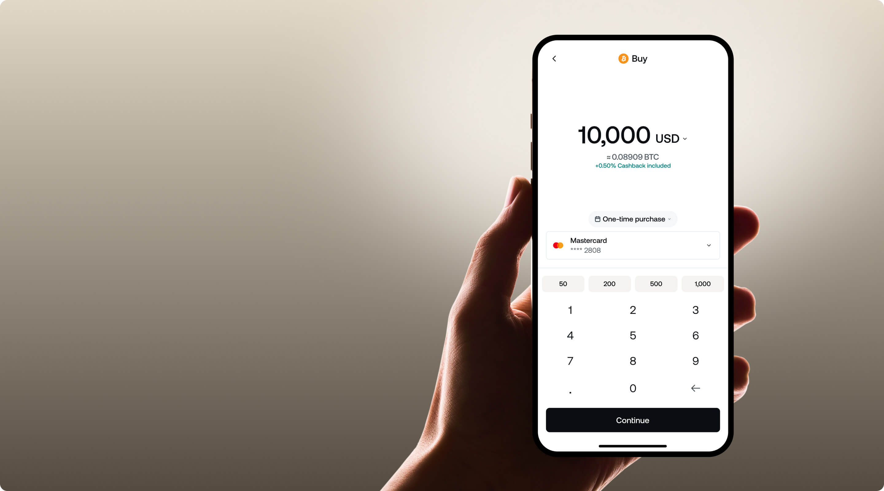 hand holding phone displaying the Buy Bitcoin screen