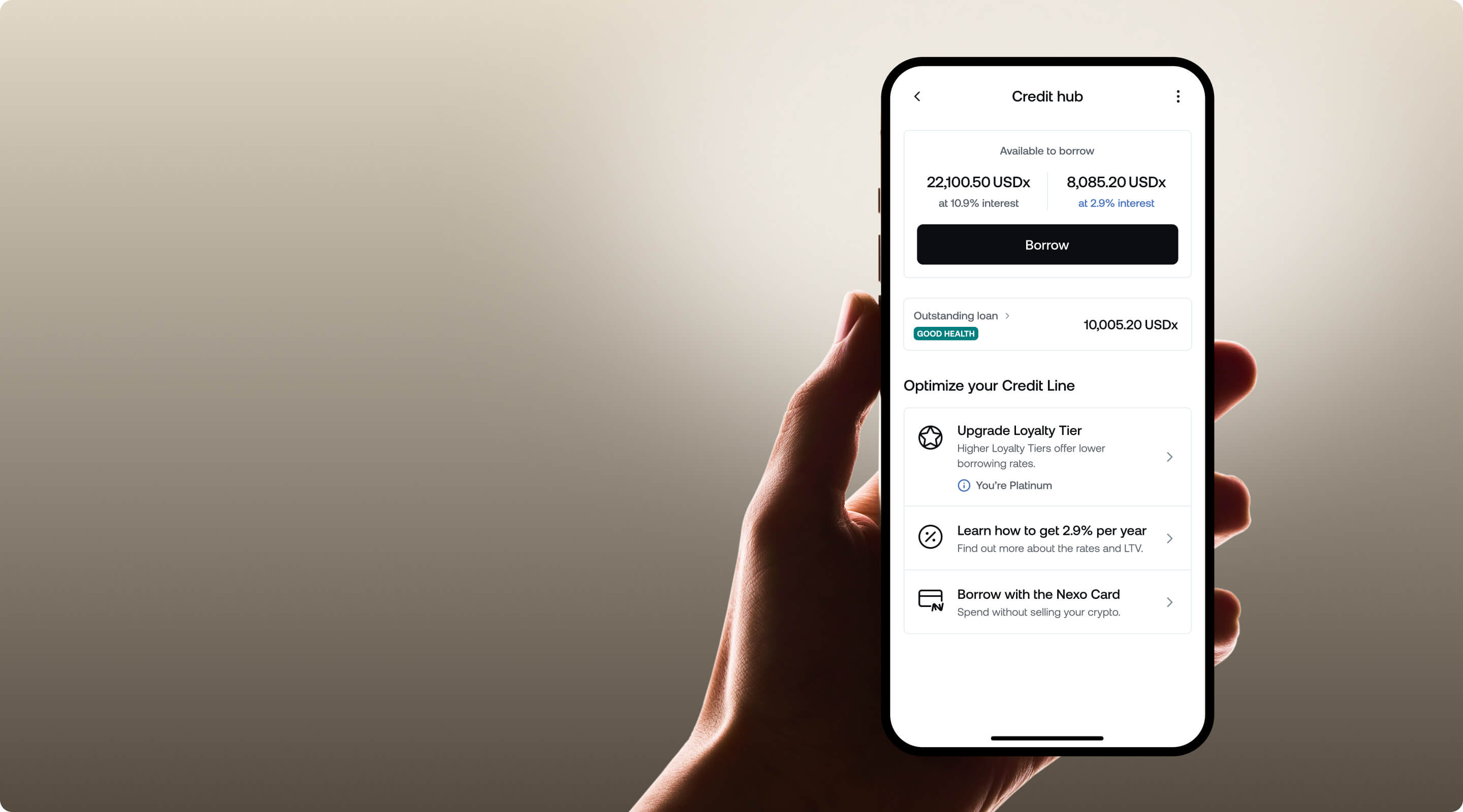 hand holding phone displaying the Credit Hub