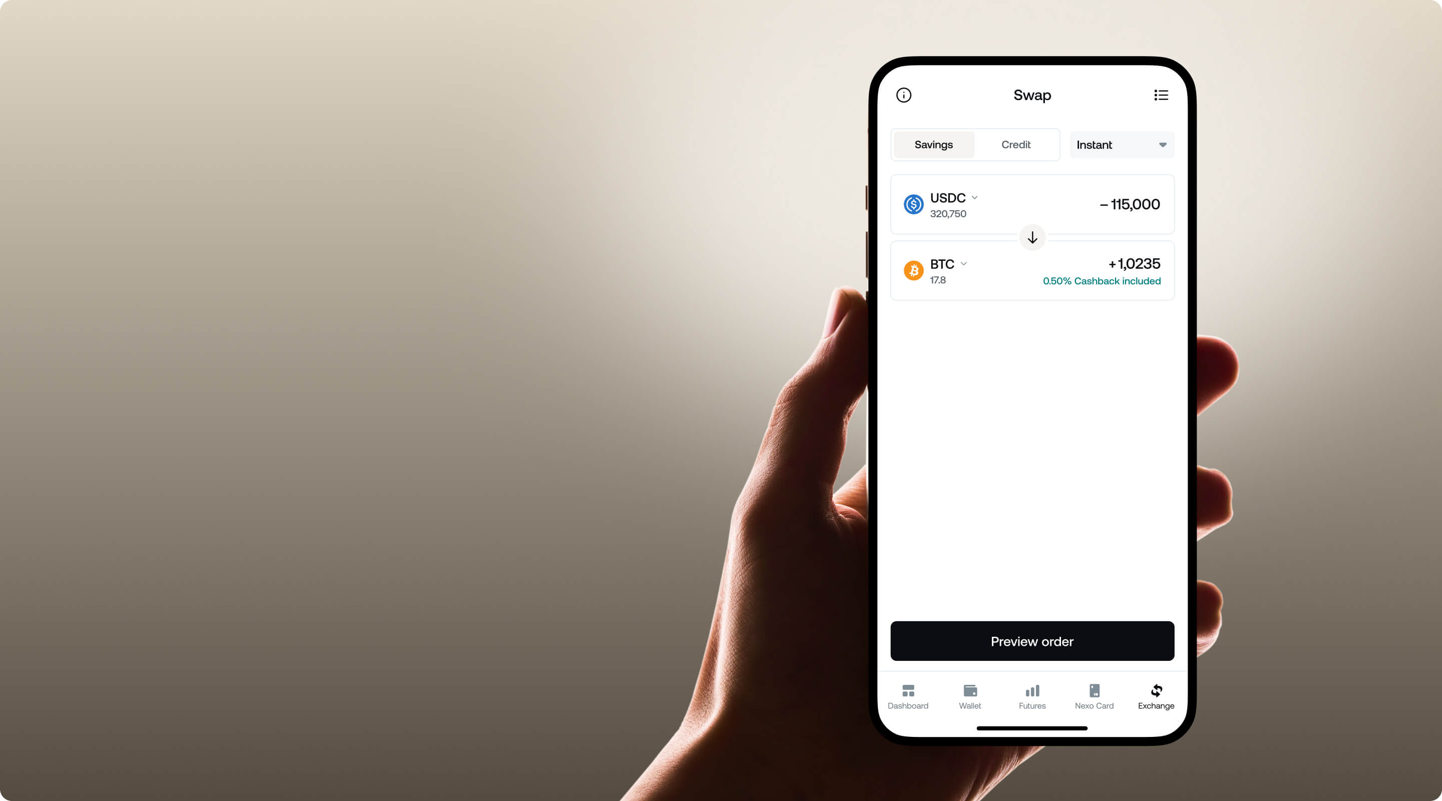 hand holding phone displaying and exchange from USDC to BTC